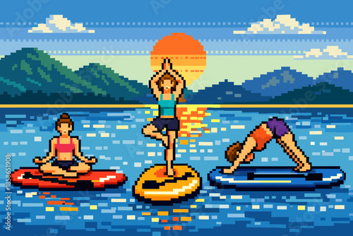 Pixel art yoga on paddle boards at sunset with mountain and lake scenery