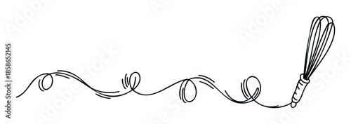 A continuous line drawing of a kitchen whisk creating a playful wavy border, perfect for culinarythemed graphic projects, cooking guides, menu presentations, and baking event invitations.