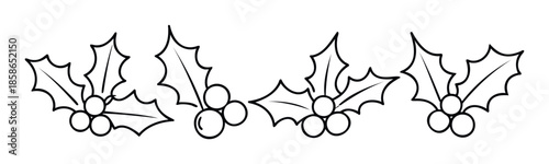 Minimalist black outline of traditional Christmas holly branches adorned with spiky leaves and plump berries, suitable for winter season crafting projects, printable decor, or festive event
