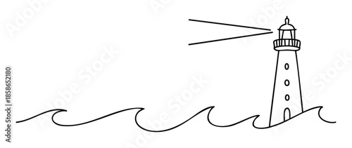 Black outline drawing of a tall lighthouse emitting guiding light over rolling ocean waves, perfect for maritime travel publications, nautical themed advertisements, and minimalist digital
