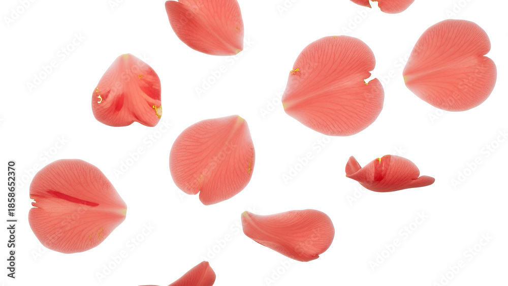 Fototapeta premium A close-up view of falling rose petals against a white background