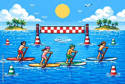 Retro pixel art paddleboarding race with tropical island and buoys