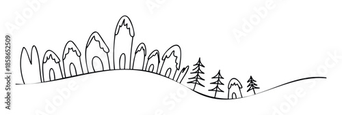 Minimalist handdrawn line drawing showcasing a serene winter mountain landscape with snowcapped peaks and evergreen trees on rolling hills, perfect for coloring books or nature themed