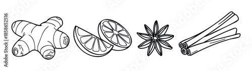 A flavorful collection of natural spices and citrus featuring ginger, lemon, star anise, and cinnamon sticks perfect for enhancing various culinary creations and warm beverages.