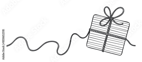 Stylized line drawing of a gift box tied with an ornamental rope, forming a bow and extending across the frame, perfect for holiday marketing, birthday themes, or celebration announcements.