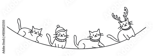 Cute festive cats with winter hats and reindeer antlers forming a playful line border, perfect for holiday greetings and seasonal graphic decorations