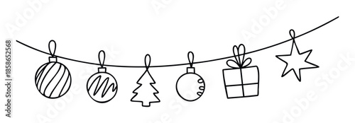 Simple line drawn Christmas holiday garland featuring festive decorations like ornaments, a tree, gift, and star, perfect for seasonal greetings and celebratory event promotions.