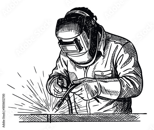 A skilled worker wearing protective gear performs welding operations with an arc torch, creating brilliant sparks on a metal surface for various industrial applications.