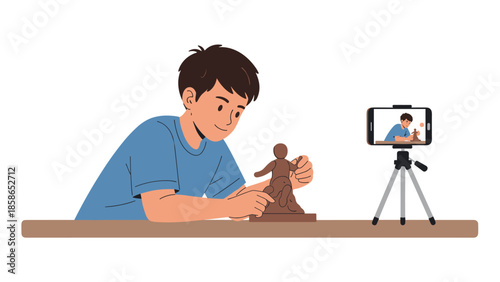 Young boy engaging in a creative sculpting activity with clay, happily recording his artistic process with a smartphone on a tripod.