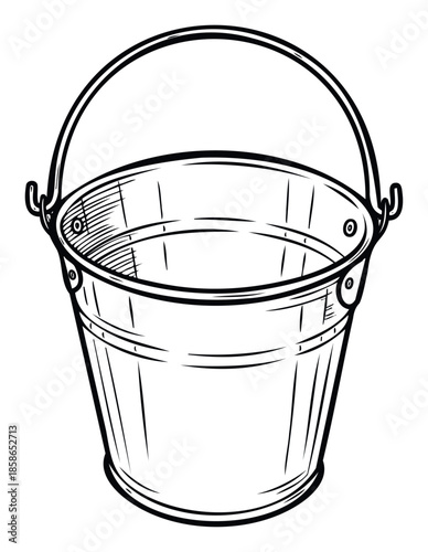 Classic black line sketch of a metal bucket with a sturdy handle, ideal for agriculture publications, gardening brochures, or general domestic chore visuals.