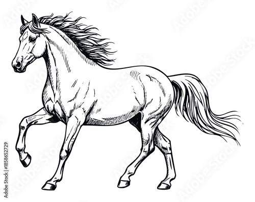 Vigorous galloping horse line drawing ready for use in equestrian event promotions, western lifestyle branding, and compelling animal themed publications