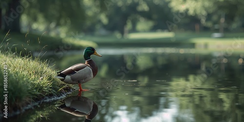 Duck resting near a pond, e...
