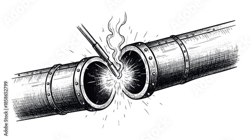 Detailed depiction of an industrial welding process where a torch joins two robust metal pipes, emitting bright sparks and wisps of smoke, suitable for illustrating industrial labor and