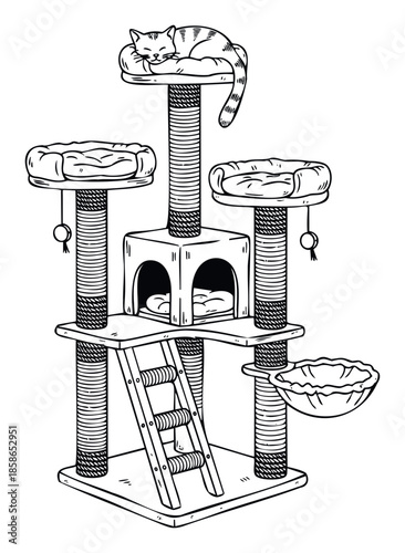 Multi level cat tree drawing featuring scratching posts, cozy beds, a hideaway, ladder, hanging toy, and a sleeping cat, perfect for pet product guides and animal care promotions.