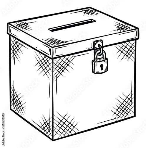 Black and white sketch of a secured ballot box with a padlock and a slot on top, perfect for illustrating election campaigns, democratic processes, or charity fundraising initiatives.