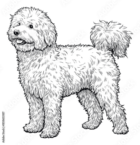 Adorable doodle dog standing with a fluffy curly coat, smiling happily for petrelated products, veterinary clinic promotions, or childrens book illustrations.