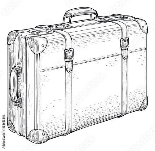 Classic vintage travel suitcase or oldfashioned luggage trunk drawing ideal for travel advertising and historical themed content