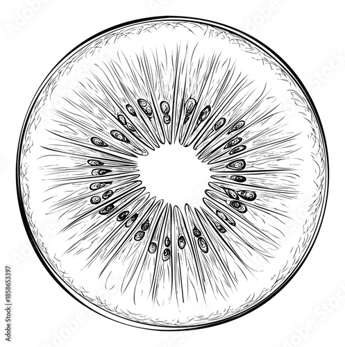 Detailed black outline drawing of a fresh kiwi fruit slice showing the vibrant radiating flesh and tiny seeds perfect for healthy eating promotions food packaging or cooking blogs
