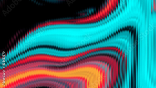 Abstract fractal pattern resembling flowing molten glass with vibrant cyan, red, and orange colors on a dark background
