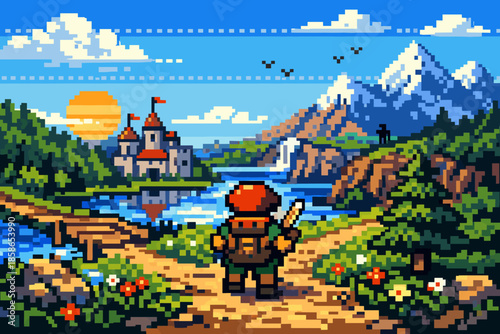 Adventurer exploring pixel art landscape with castle and mountains at sunrise