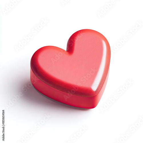 Red heart-shaped object with shiny surface casts soft shadow on white