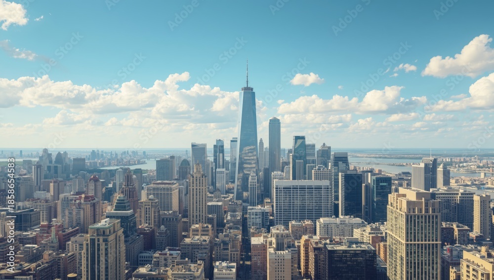 Fototapeta premium Horizontal scene of contemporary high-rise buildings and towers in a financial hub in summer, cityscape