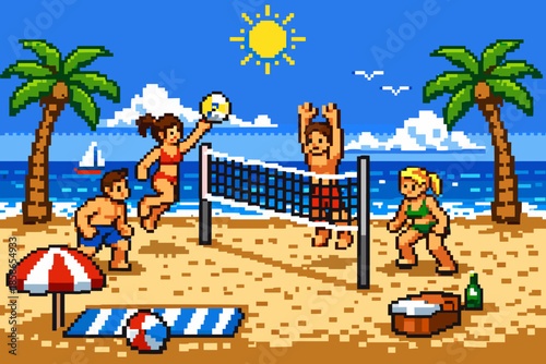 Retro pixel art beach volleyball game with friends under the sun