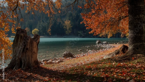 Kanas Lake in autumn with v...