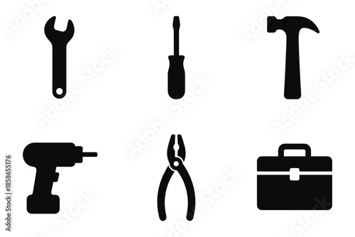 Black silhouette toolkit: hammer, screwdriver, wrench, drill, pliers, toolbox icons