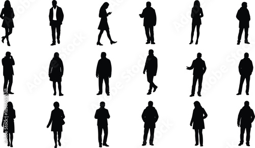 Collection of eighteen diverse people silhouettes in casual winter clothing standing in rows, urban pedestrians, community demographic set for design