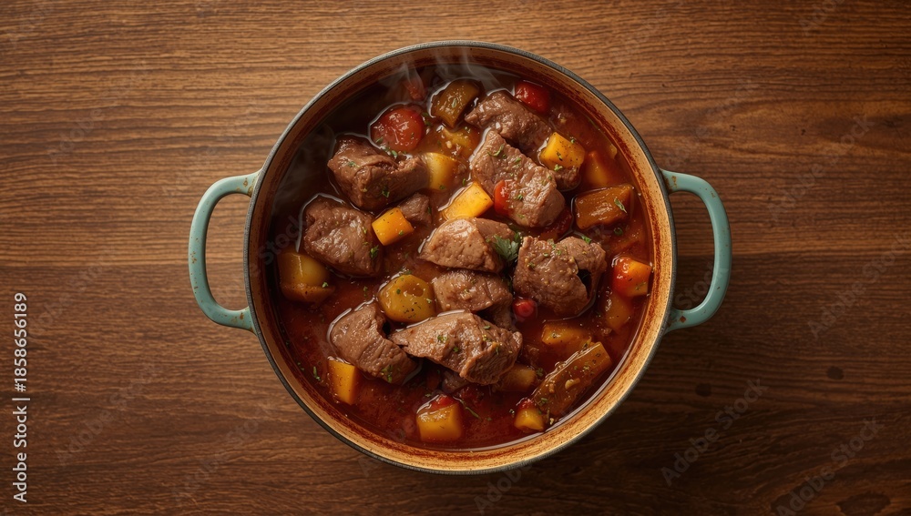 Fototapeta premium Braised beef meat stew with vegetables seen from above, highlighting slow-cooked meal, National Nutrition Month