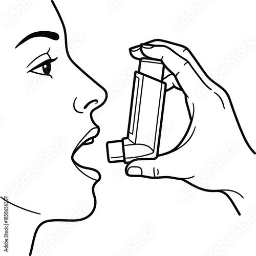 Woman using asthma inhaler for breathing relief