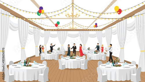 Spacious wedding reception hall beautifully adorned with string lights and balloons, where guests mingle and waiters provide attentive service.