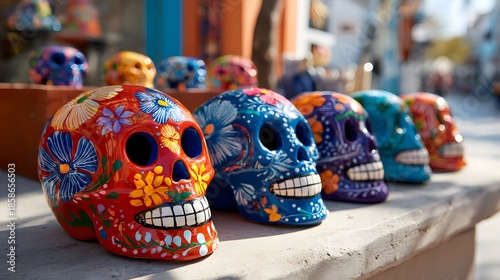 Colorful Sugar Skulls Displayed Outdoors on a Sunny Day.