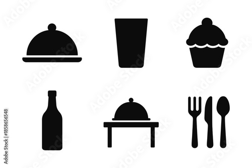 Silhouette icons of dining and drink essentials for modern menus