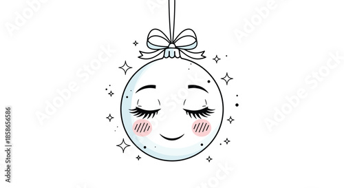Sweet christmas bauble ornament with a smiling face and closed eyelashes hangs from a ribbon surrounded by stars in this holiday coloring page.