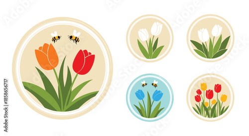 Set of five round icons displays beautiful tulip flowers in various colors and bees for spring and garden themed website or social media assets.