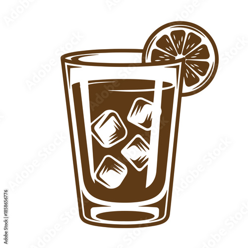 Vintage Glass of cold drink with ice cubes and lemon slice on white background  refreshing summer beverage