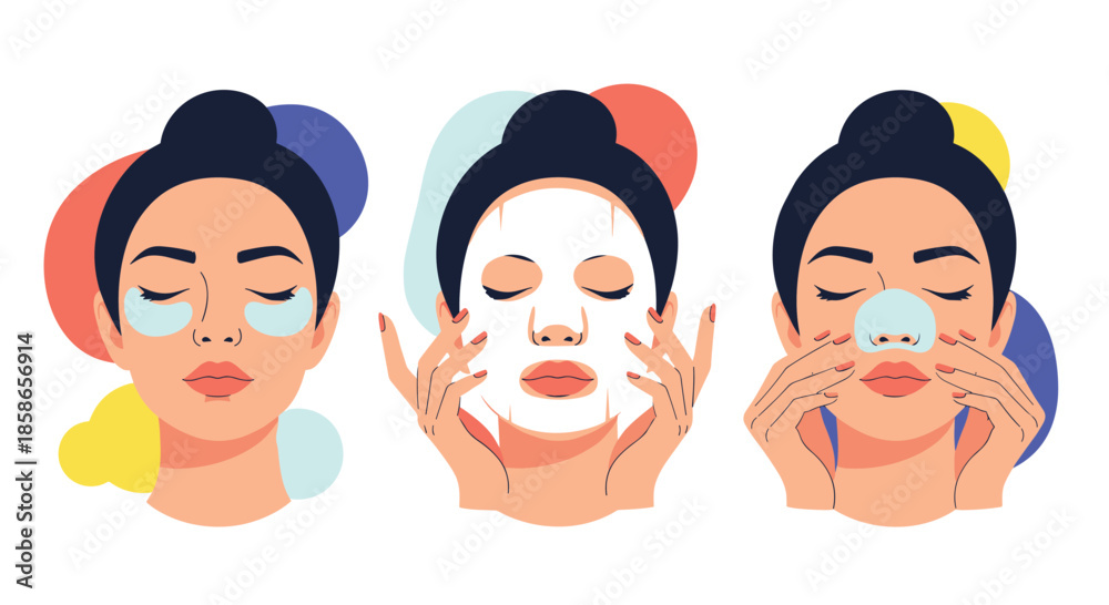 Fototapeta premium Set of three illustrations shows women applying different skincare treatments including eye patches, a sheet mask, and a nose strip for beauty.