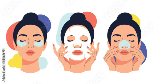 Set of three illustrations shows women applying different skincare treatments including eye patches, a sheet mask, and a nose strip for beauty.