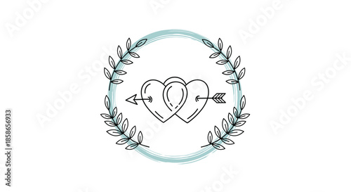 Romantic line art icon features two interlocking hearts pierced by an arrow inside a soft blue circular frame and green olive branch wreath.