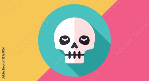 Stylized skull icon in white with a black face placed inside a teal circle over a yellow and pink diagonal background.