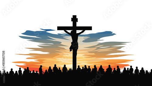 Powerful silhouette of the Crucifixion with Jesus on the cross and a somber crowd below, set against a dramatic, colorful sunset sky.