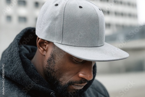 A man wearing a patterned cap and hoodie, focused and contemplative in an urban setting. Snapback cap mockup