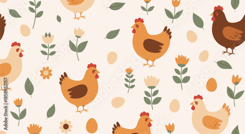 Countryside seamless pattern with brown and beige chickens, eggs, leaves, and yellow flowers on a cream colored background.