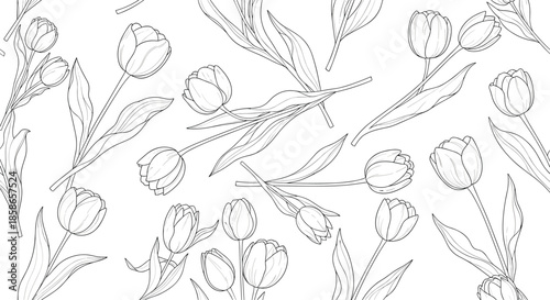 Black and white line art pattern of elegant tulips with leaves and stems for coloring or floral fabric design on white.