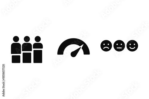 Customer feedback icons: crowd silhouette, satisfaction meter, emotion faces for business assessment
