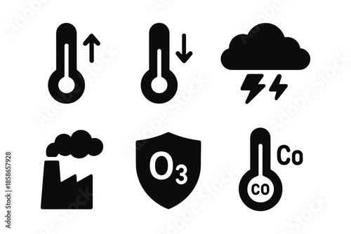 Climate and pollution icons: temperature, weather, and emissions represented