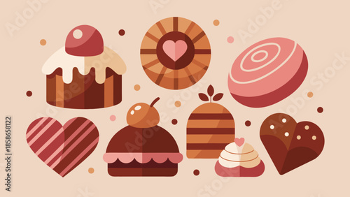 Valentine’s Day sweets and romantic treats in cute cartoon style with hearts and chocolate decorations