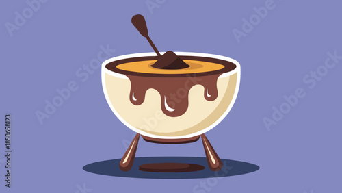 Chocolate fondue in a white bowl with dripping chocolate and spoon in cartoon style on a purple background
